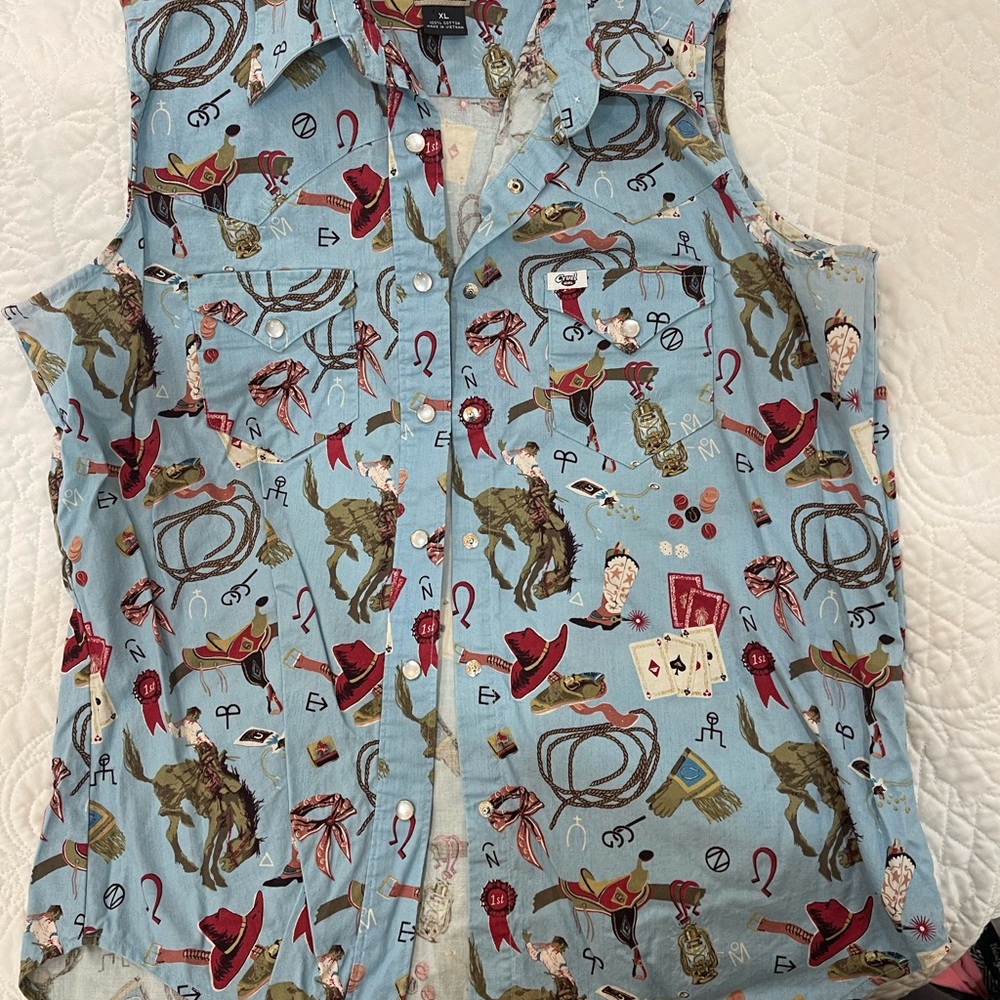Cruel Girl Western Print Button Down Shirt - Blue and Red